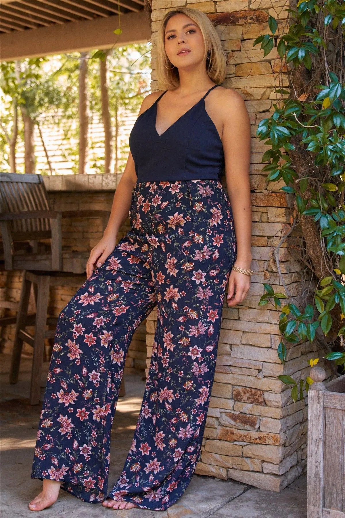 Junior Plus Navy Floral Print Sleeveless V-Neck Lace Back With Zip Wide Leg Jumpsuit /2-2-2 - Tasha Apparel Wholesale