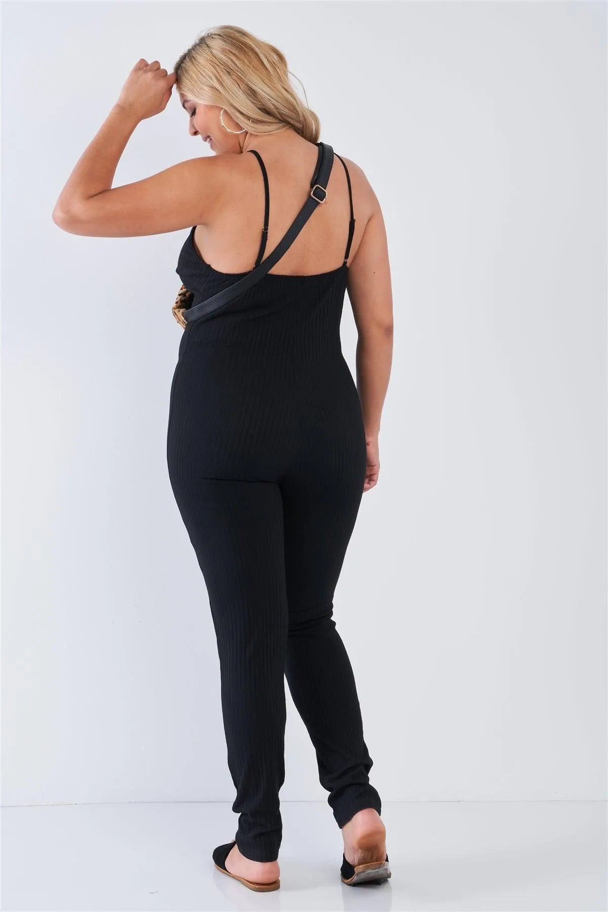 Junior Plus Size Black Ribbed Knit Button Down Spaghetti Strap Jumpsuit /2-2-2 - Tasha Apparel Wholesale