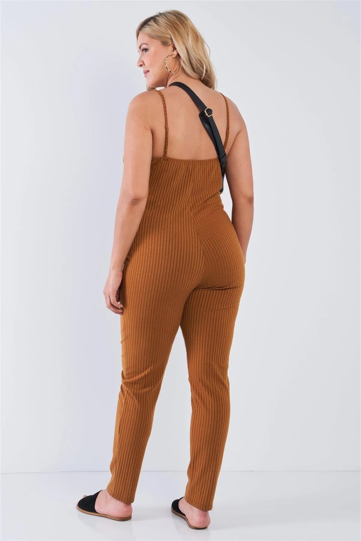 Junior Plus Size Mustard Ribbed Knit Button Down Spaghetti Strap Jumpsuit - Tasha Apparel Wholesale