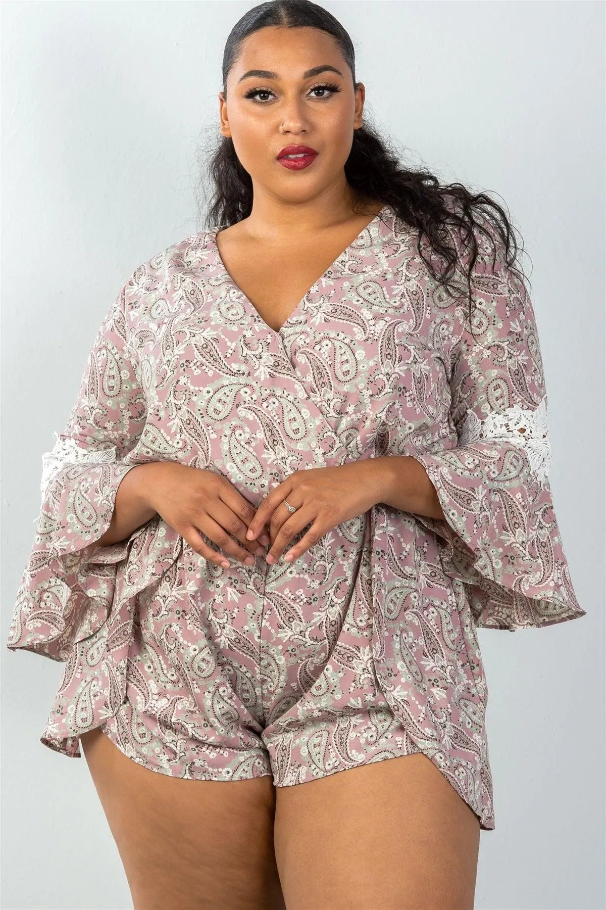Plus Size Mauve & Floral Crochet Sleeves Surplice Romper / 2-2-2 - Tasha Apparel Wholesale