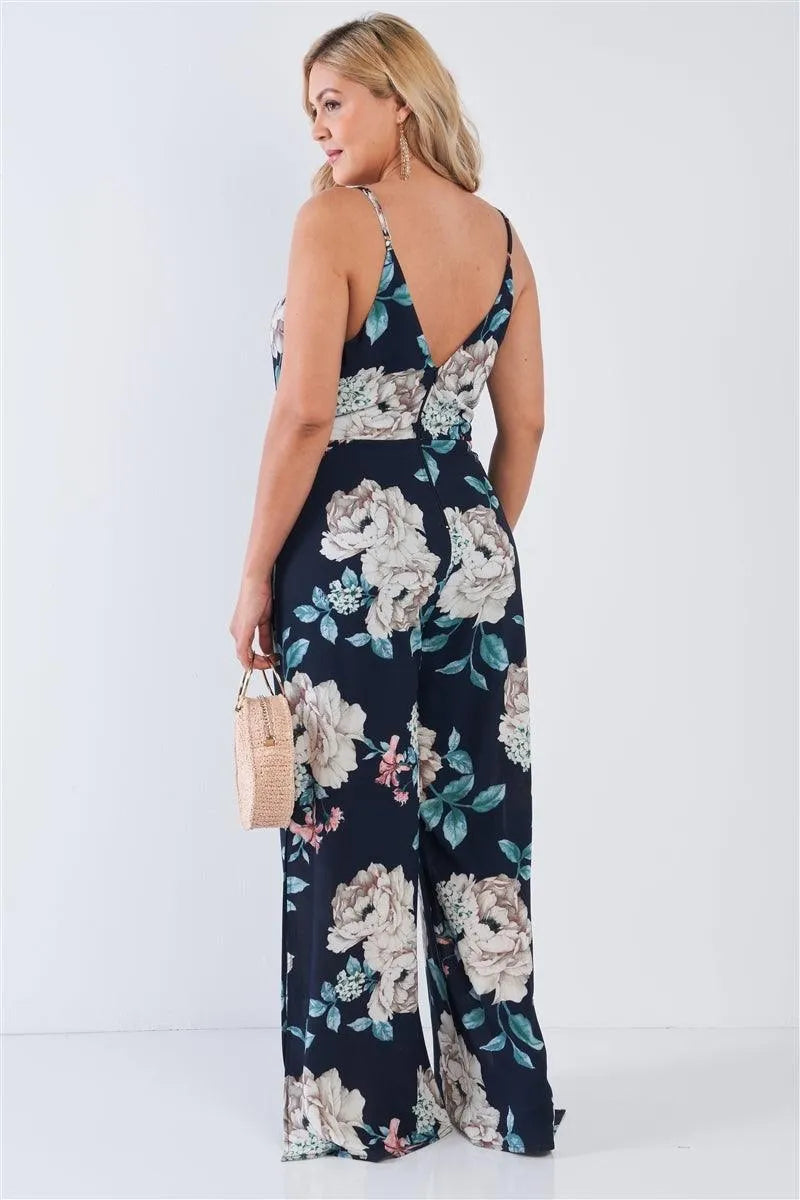 Junior Plus Size Navy Floral V-Neck Double Slit Wide Leg Jumpsuit /3-2-2 - Tasha Apparel Wholesale