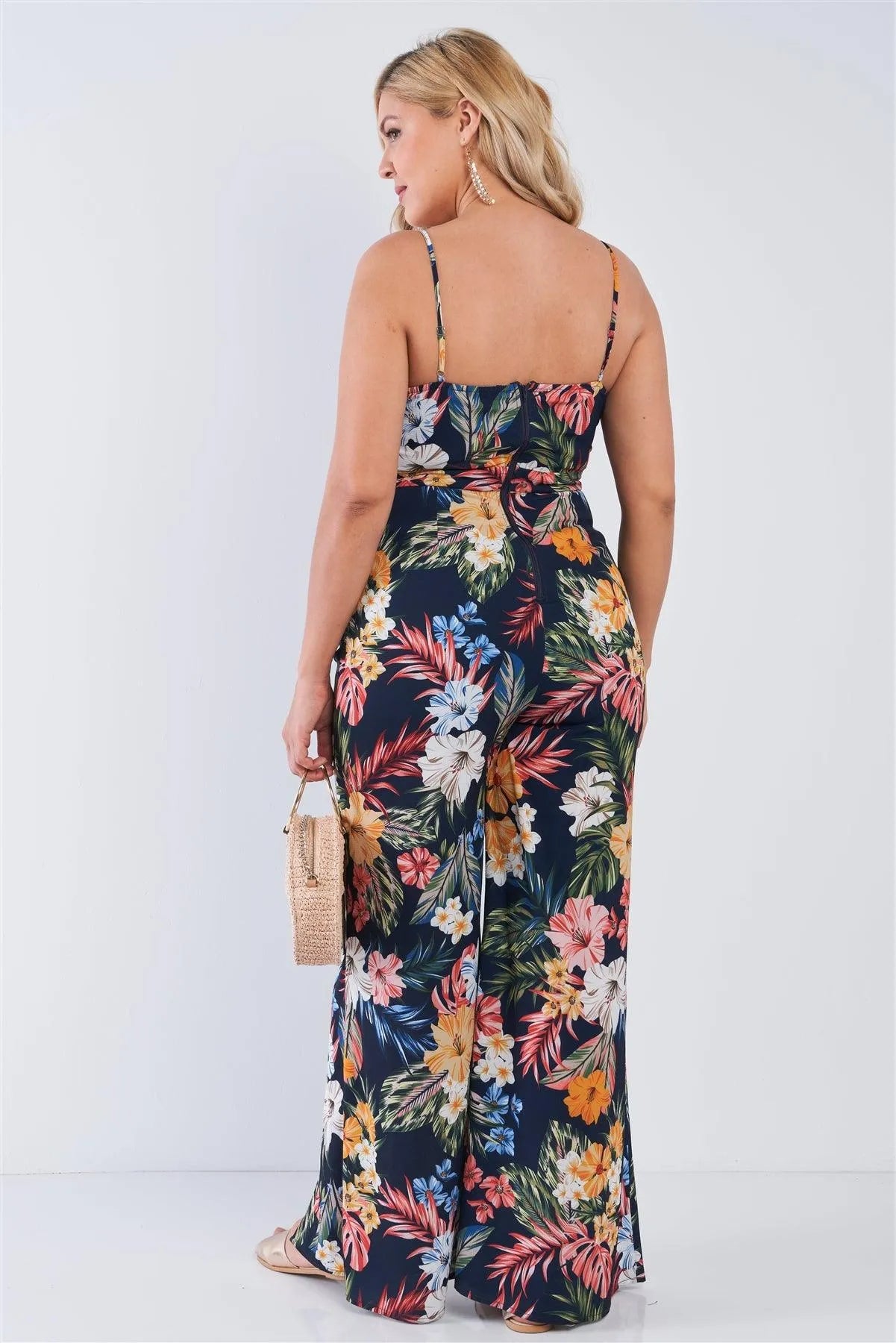 Junior Plus Size Navy Tropical Print V-Neck Wide Leg Slit Jumpsuit /2-2-2 - Tasha Apparel Wholesale