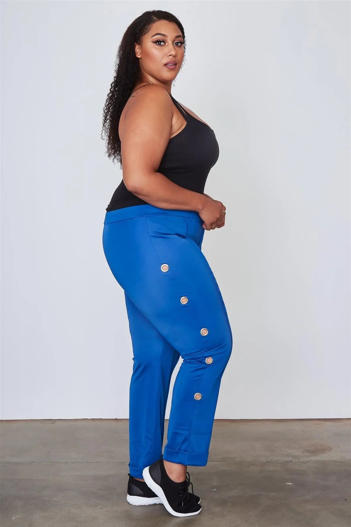 Junior Plus Size Blue Side Metal Grommet Embellished Pants / 2-2-2 - Tasha Apparel Wholesale