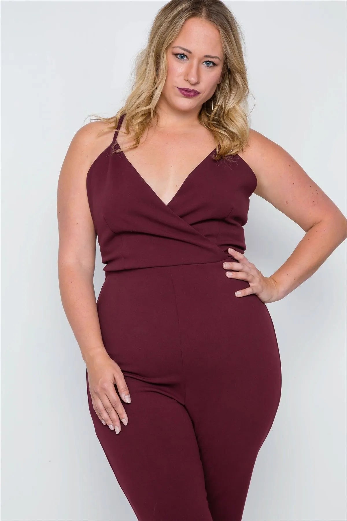 Plus Size Burgundy Surplice Neck Cami Open Back Jumpsuit /2-2-2 - Tasha Apparel Wholesale