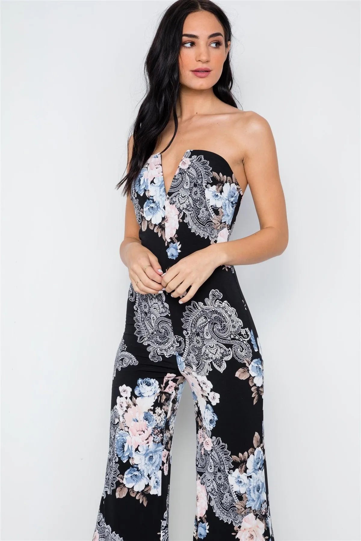 Black Floral Print Strapless Wide Leg Jumpsuit /2-2-2 - Tasha Apparel Wholesale