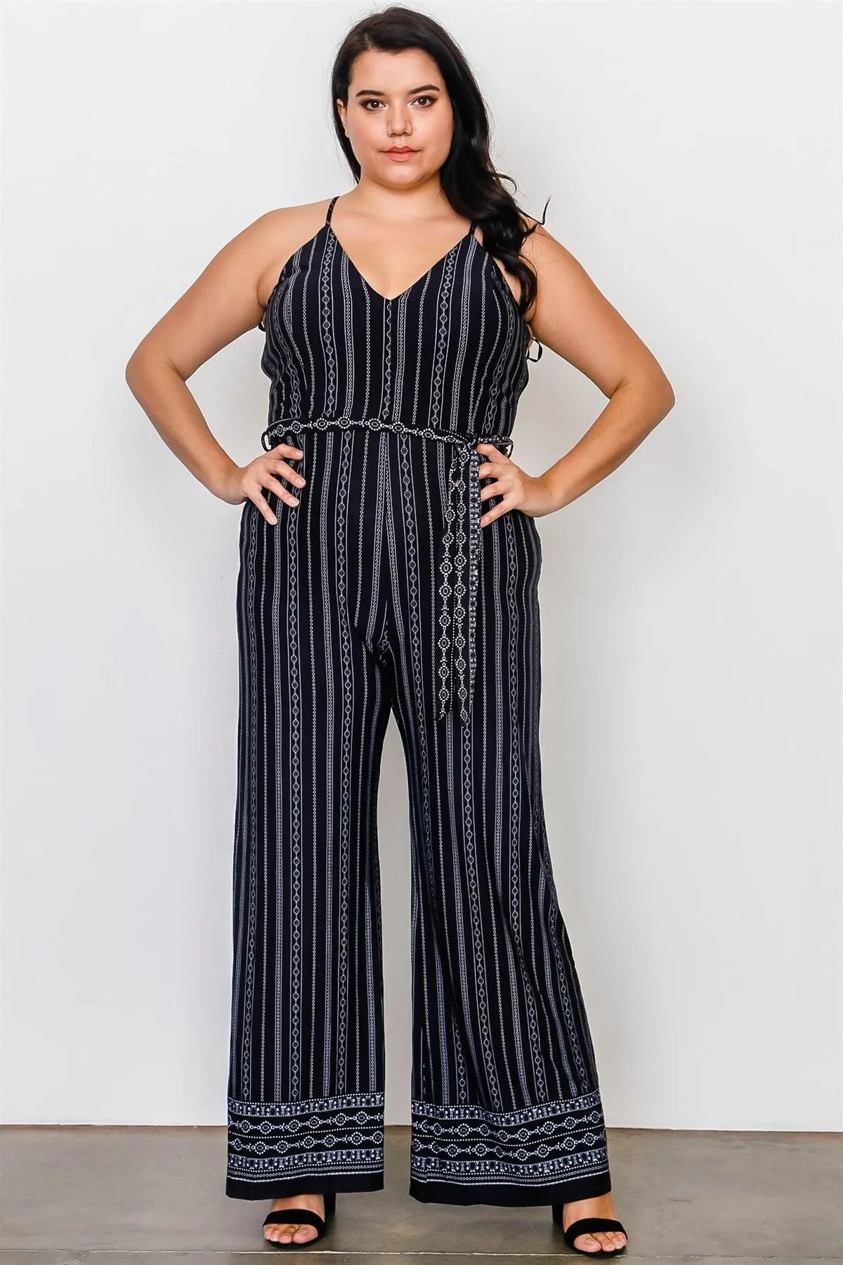 Plus Size Navy Floral Print Belted Jumpsuit /2-2-2 - Tasha Apparel Wholesale