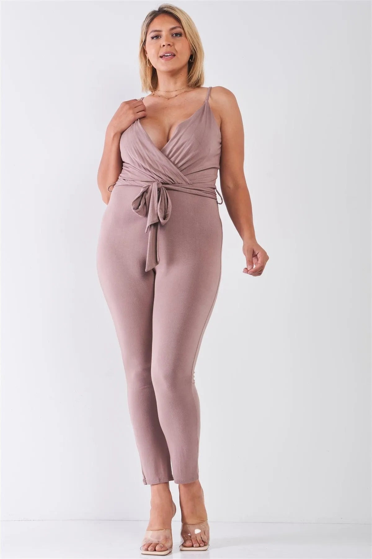 Junior Plus Size Mocha Belted Jumpsuit / 2-2-2 - Tasha Apparel Wholesale