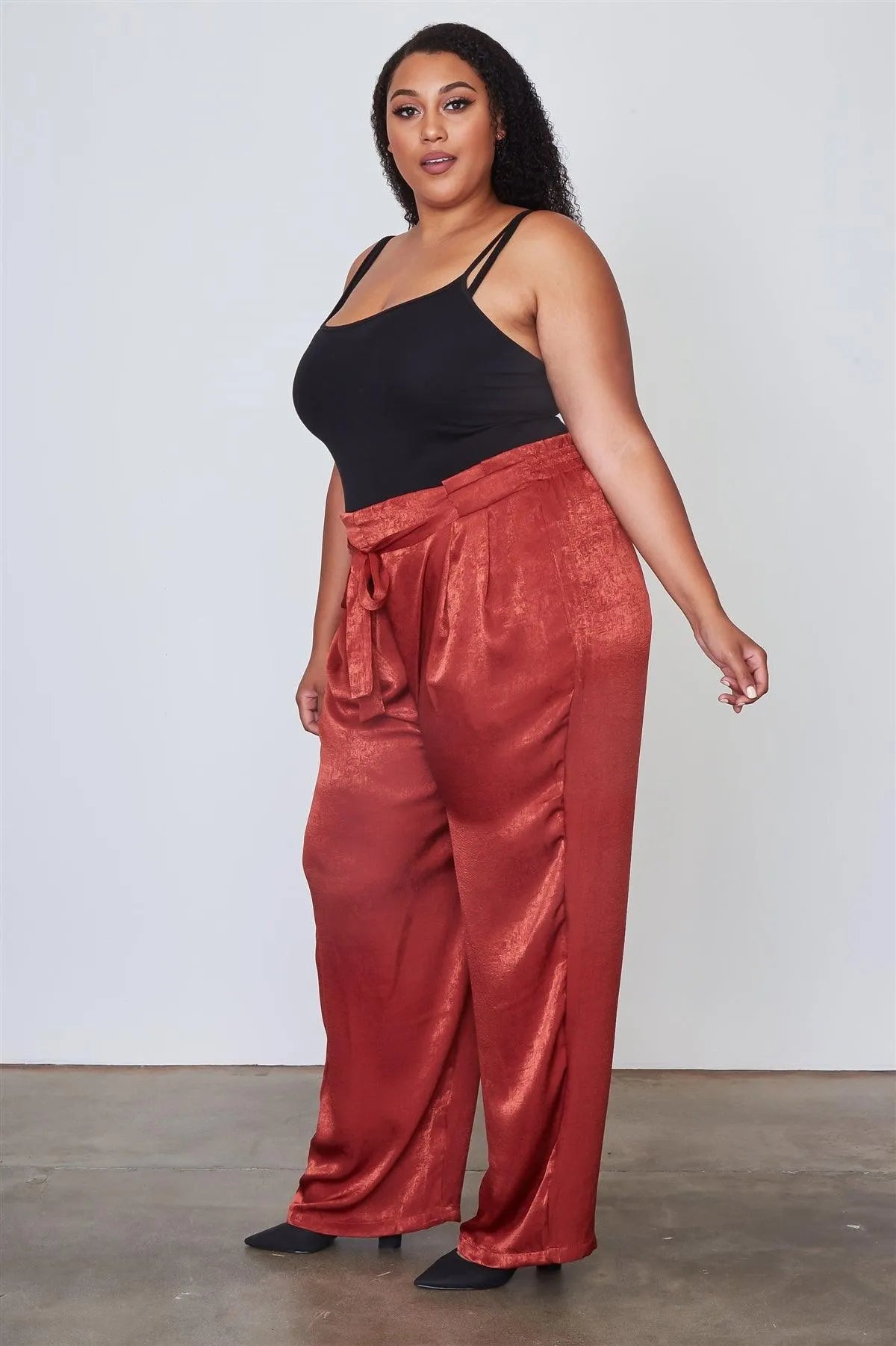 Junior Plus Size Rust Frill Waist Belted Pants - Tasha Apparel Wholesale