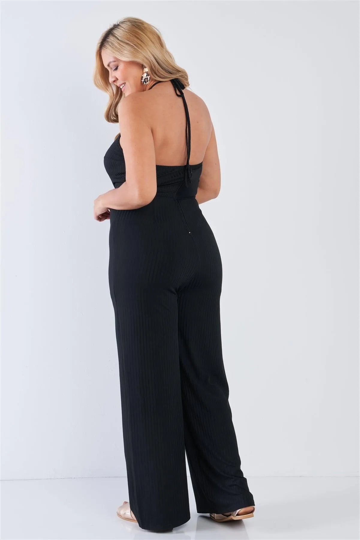 Junior Plus Size Black Halter Neck Rib Knit Wide Leg Jumpsuit /3-2-2 - Tasha Apparel Wholesale