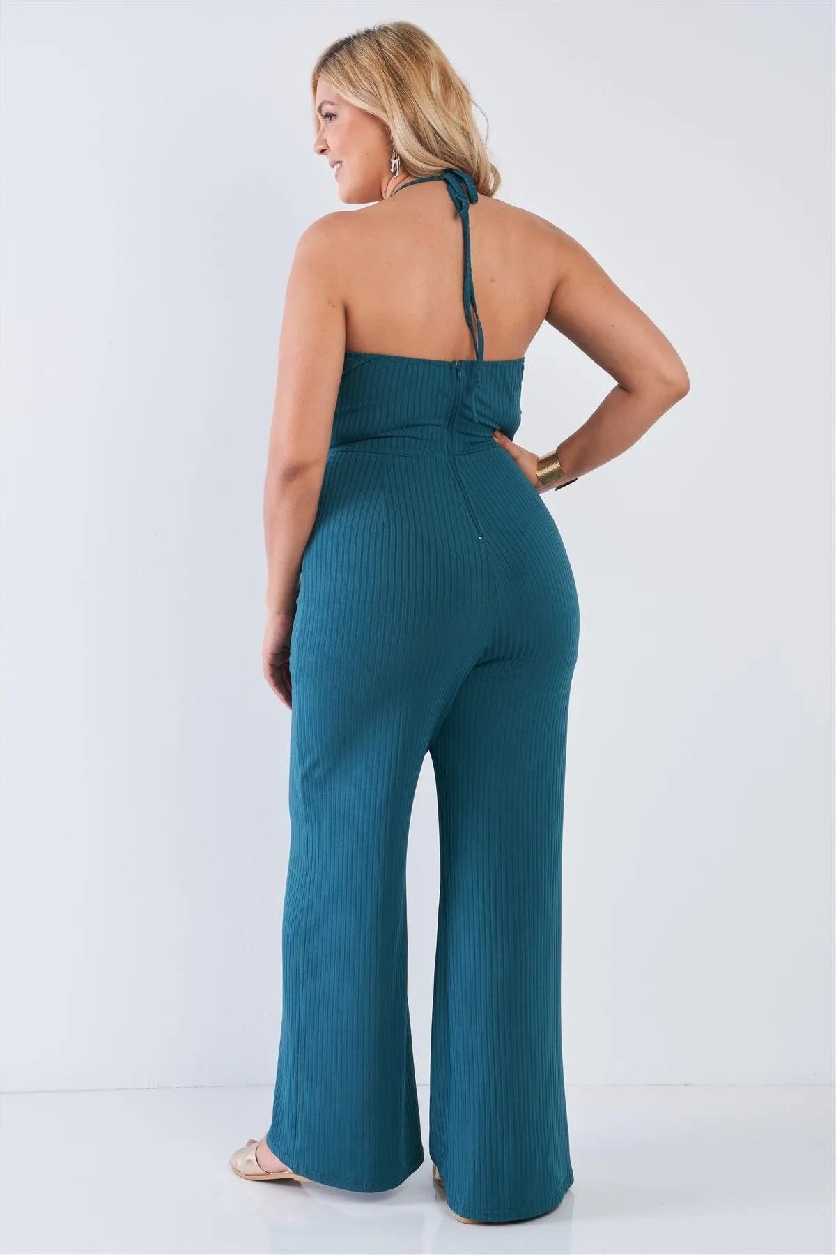 Junior Plus Size Teal Halter Neck Rib Knit Wide Leg Jumpsuit /2-1-1 - Tasha Apparel Wholesale
