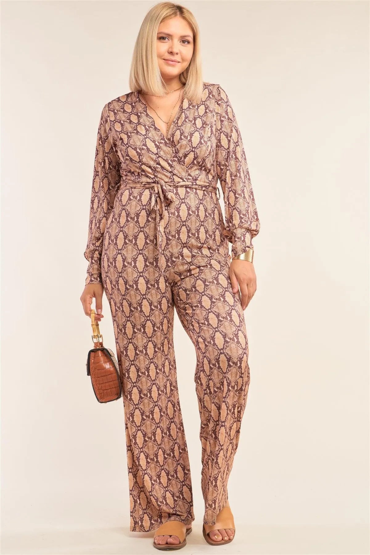 Junior Plus Size Python Print Long Sleeve Wrap V-Neck Flare Leg Jumpsuit /3-2-2 - Tasha Apparel Wholesale