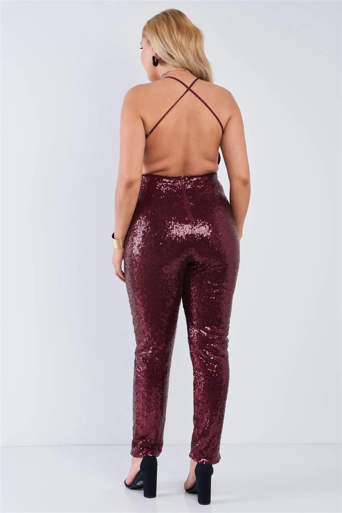 Junior Plus Size Burgundy Sequin V-Neck Criss Cross Open Back Bodycon Jumpsuit /2-1-1 - Tasha Apparel Wholesale