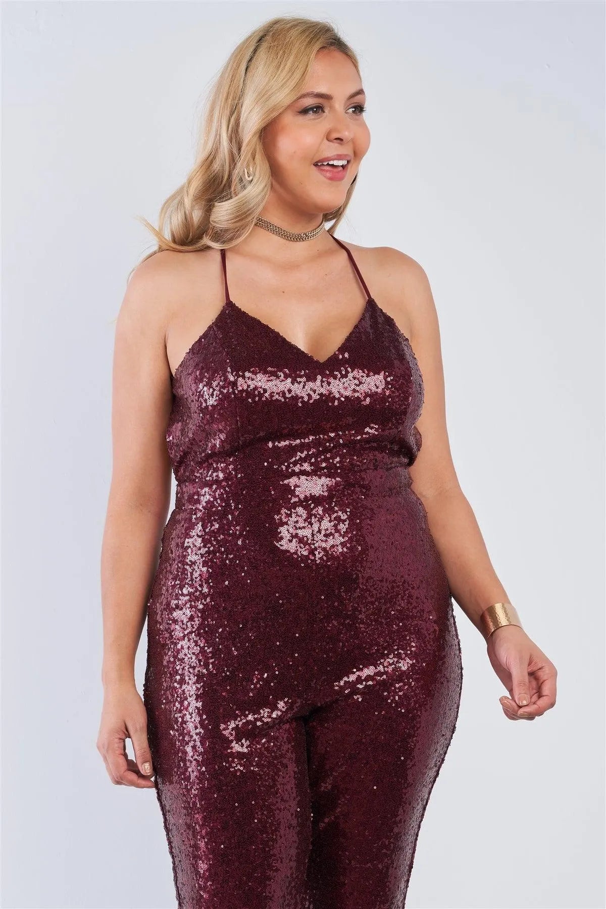 Junior Plus Size Burgundy Sequin V-Neck Criss Cross Open Back Bodycon Jumpsuit /2-2-2 - Tasha Apparel Wholesale