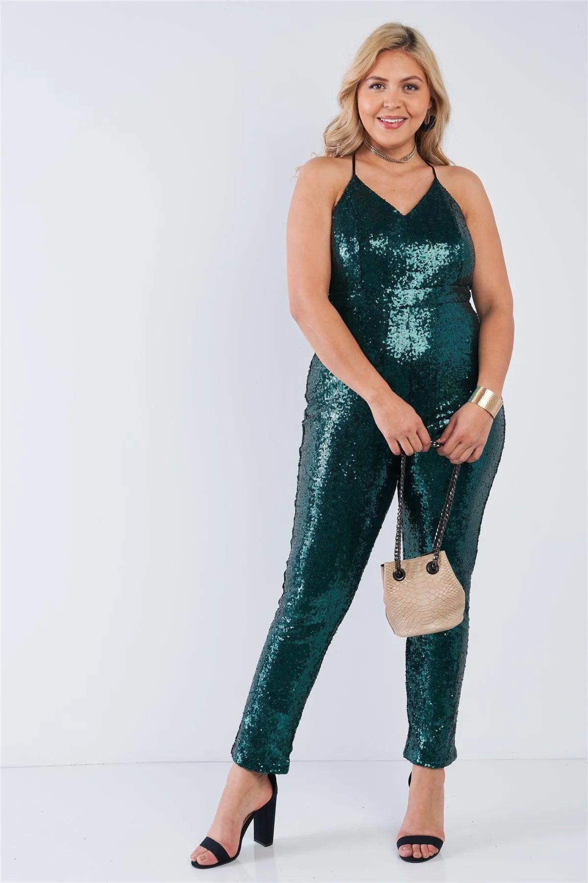 Junior Plus Hunter Green Sequin V-Neck Criss Cross Open Back Bodycon Jumpsuit /2-2-2 - Tasha Apparel Wholesale