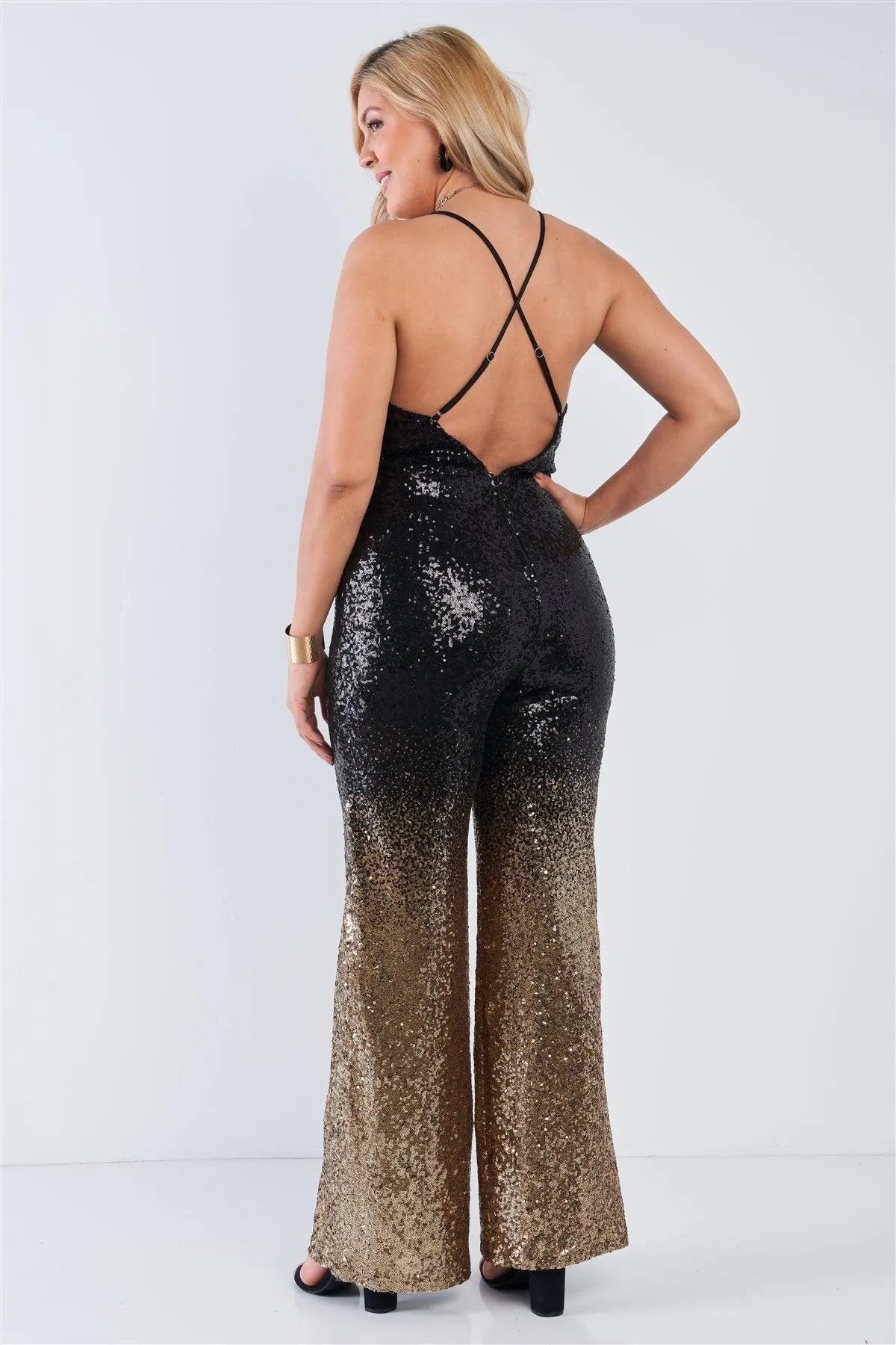 Junior Plus Size Black Gold Ombre Sequin Cami Straight Leg Criss Cross Back Jumpsuit /2-2-2 - Tasha Apparel Wholesale