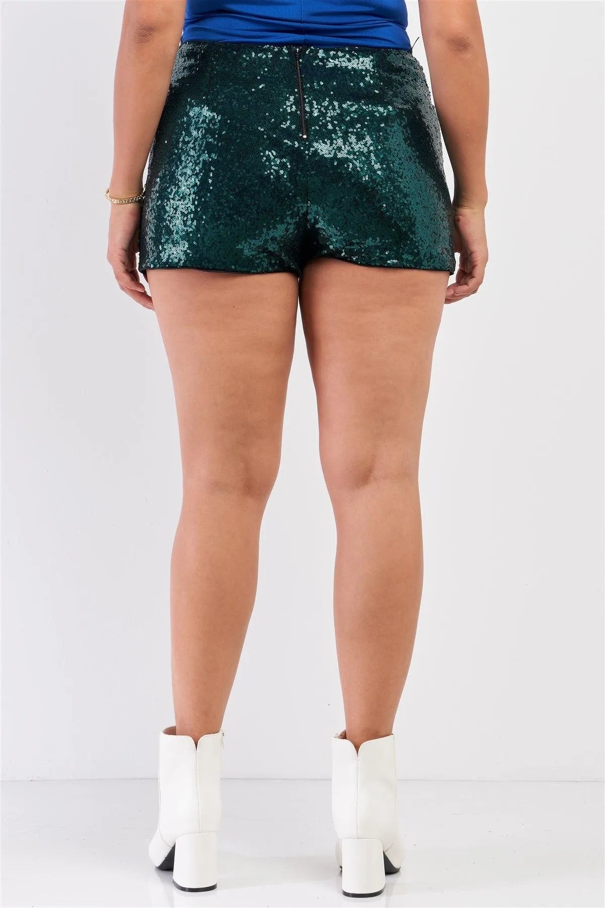 Junior Plus Hunter Green Shiny Sequin High Waisted Mini Shorts /2-2-2 - Tasha Apparel Wholesale