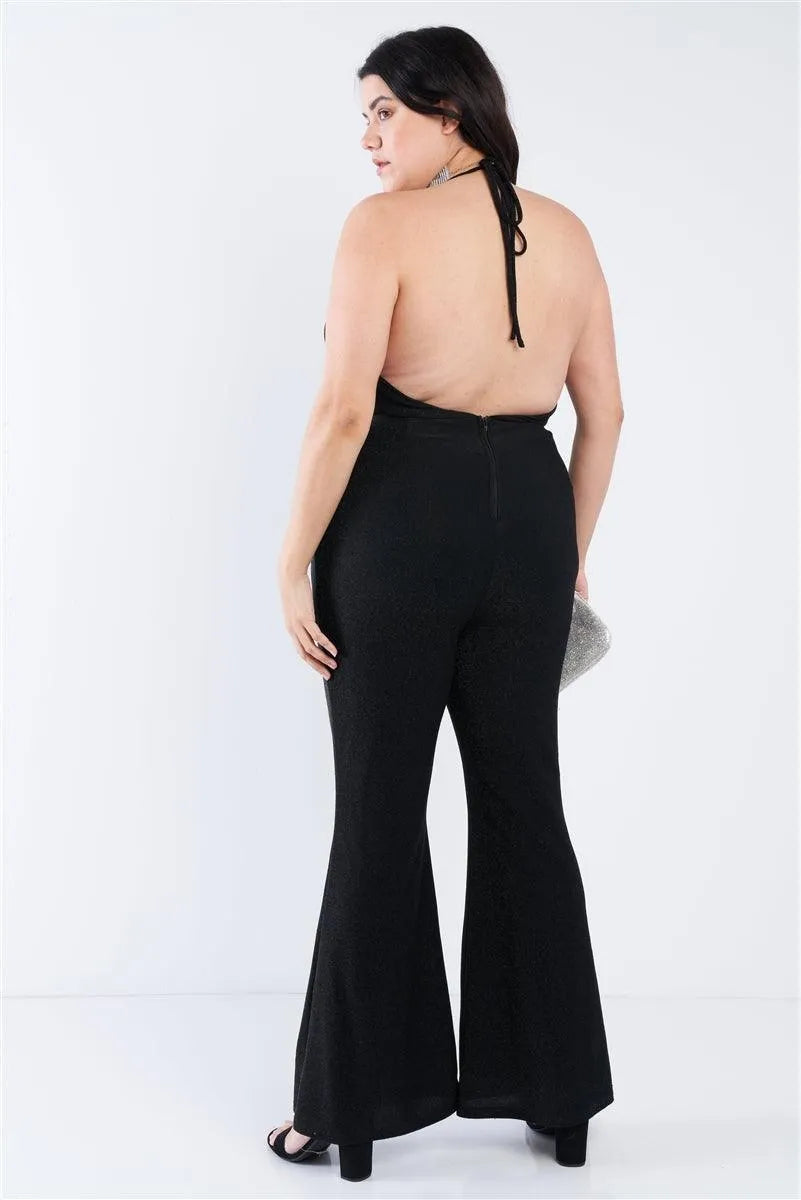 Junior Plus Size Black Shimmer Deep V-Neck Halter Flare Leg Jumpsuit /2-2-2 - Tasha Apparel Wholesale