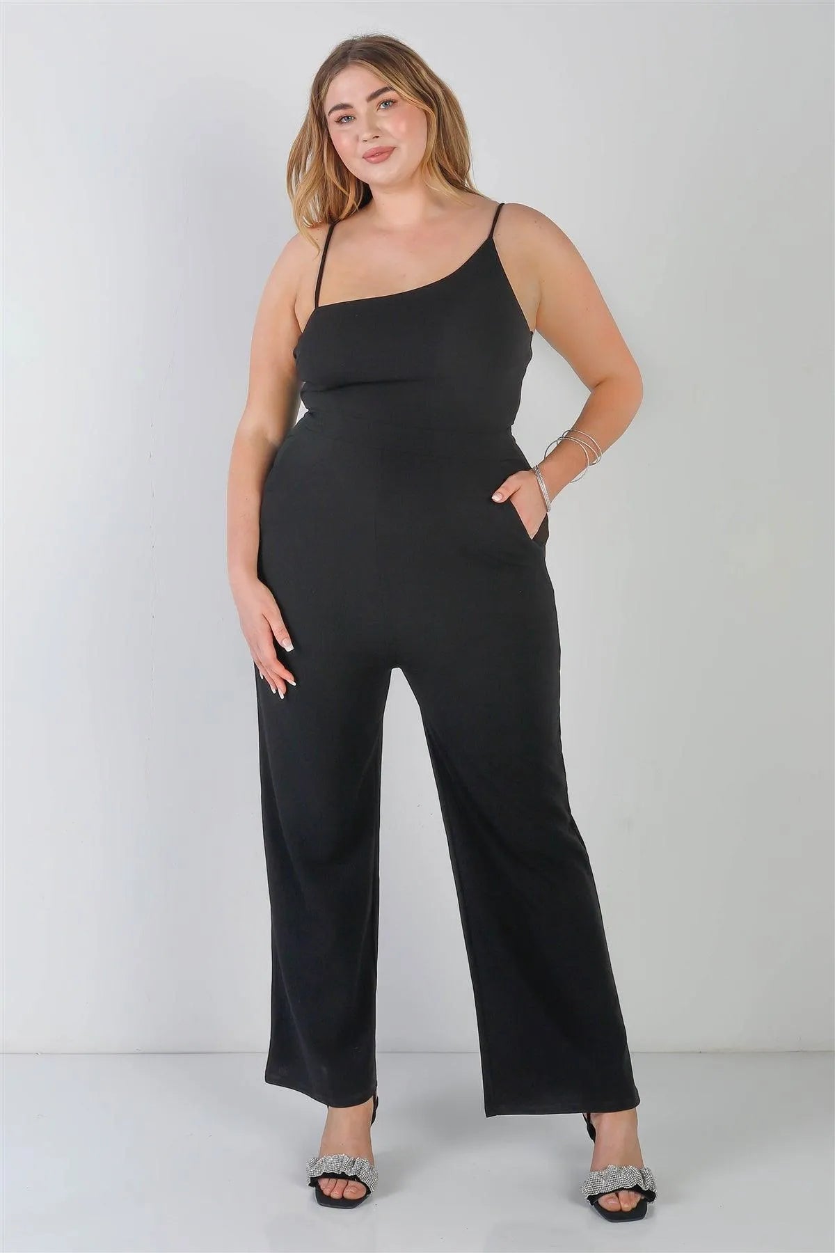 Junior Plus Black Sleeveless Asymmetrical Neck Two Pocket Side Jumpsuit /2-2-2 - Tasha Apparel Wholesale