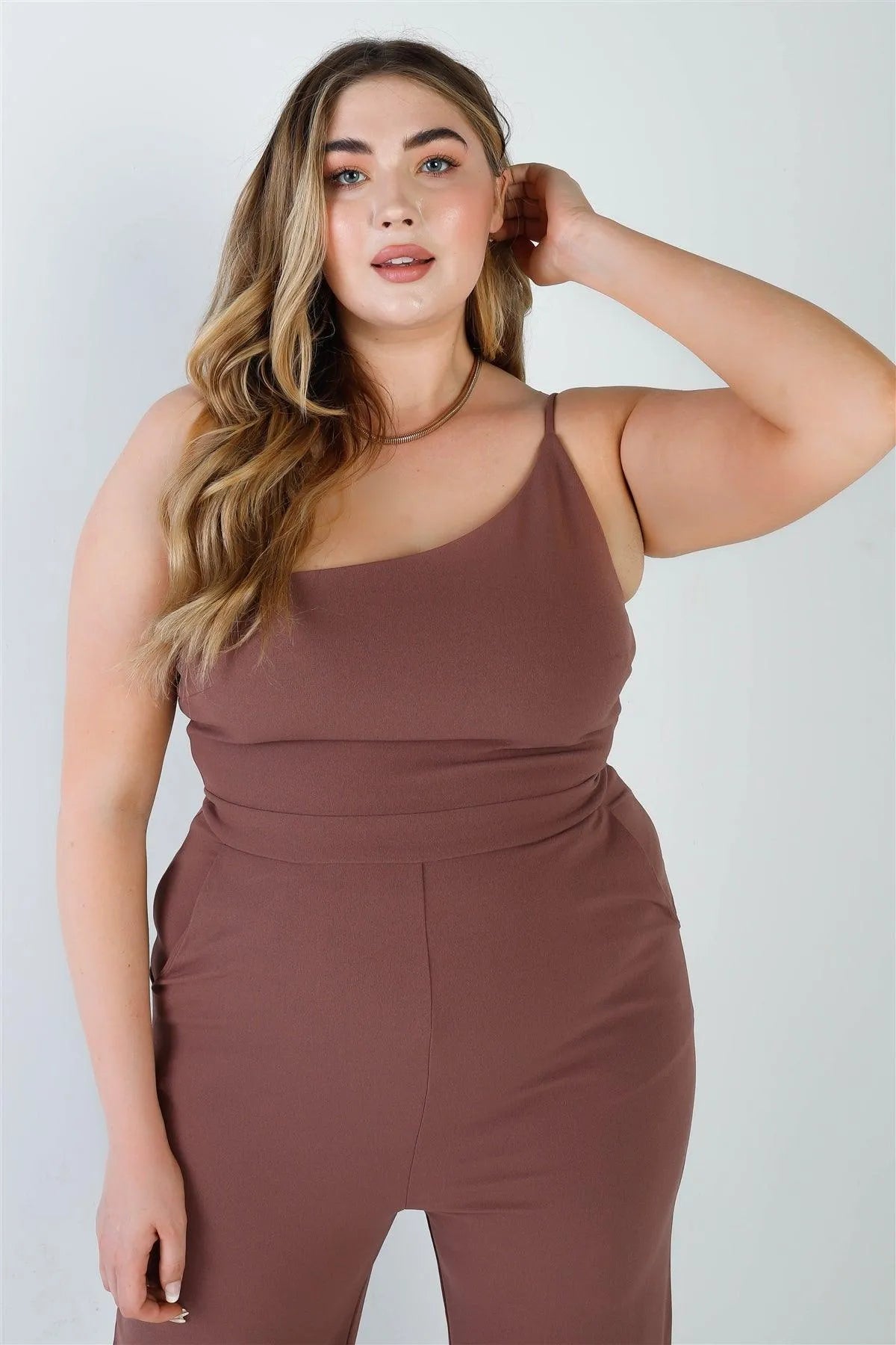 Junior Plus Mocha Sleeveless Asymmetrical Neck Two Pocket Side Jumpsuit /2-2-2 - Tasha Apparel Wholesale