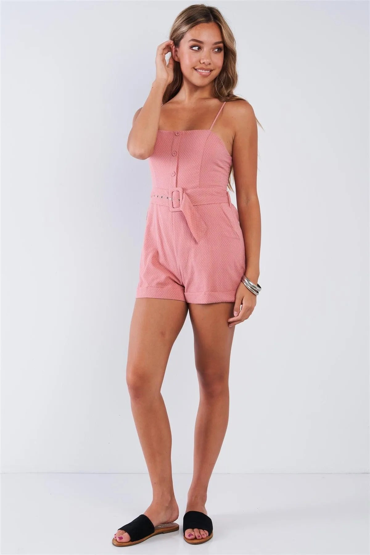 Coral Pink Polka Dot Belted Button Up Romper - Tasha Apparel Wholesale