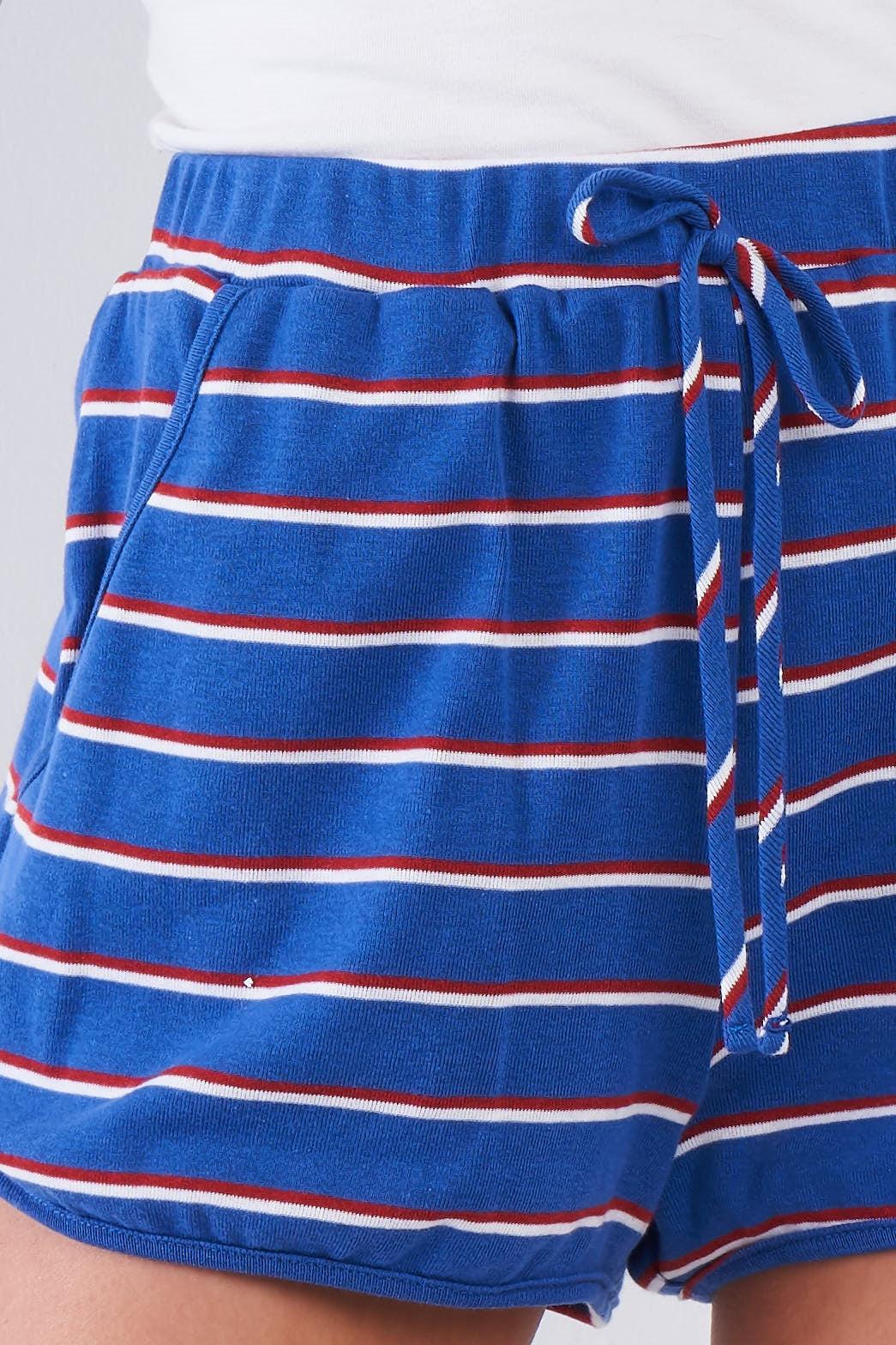 Blue Red & White Multi Stripe Casual Solid Hem Shorts