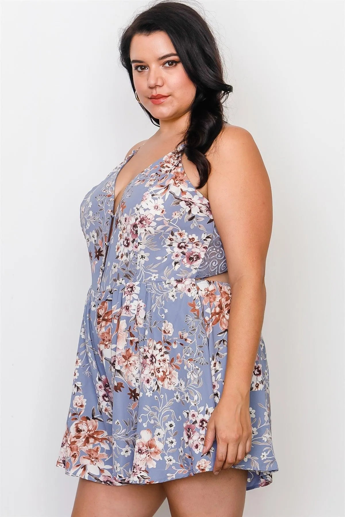 Plus Size Blue Floral Print Lace Trim Cut Out Back Romper /2-2-2 - Tasha Apparel Wholesale