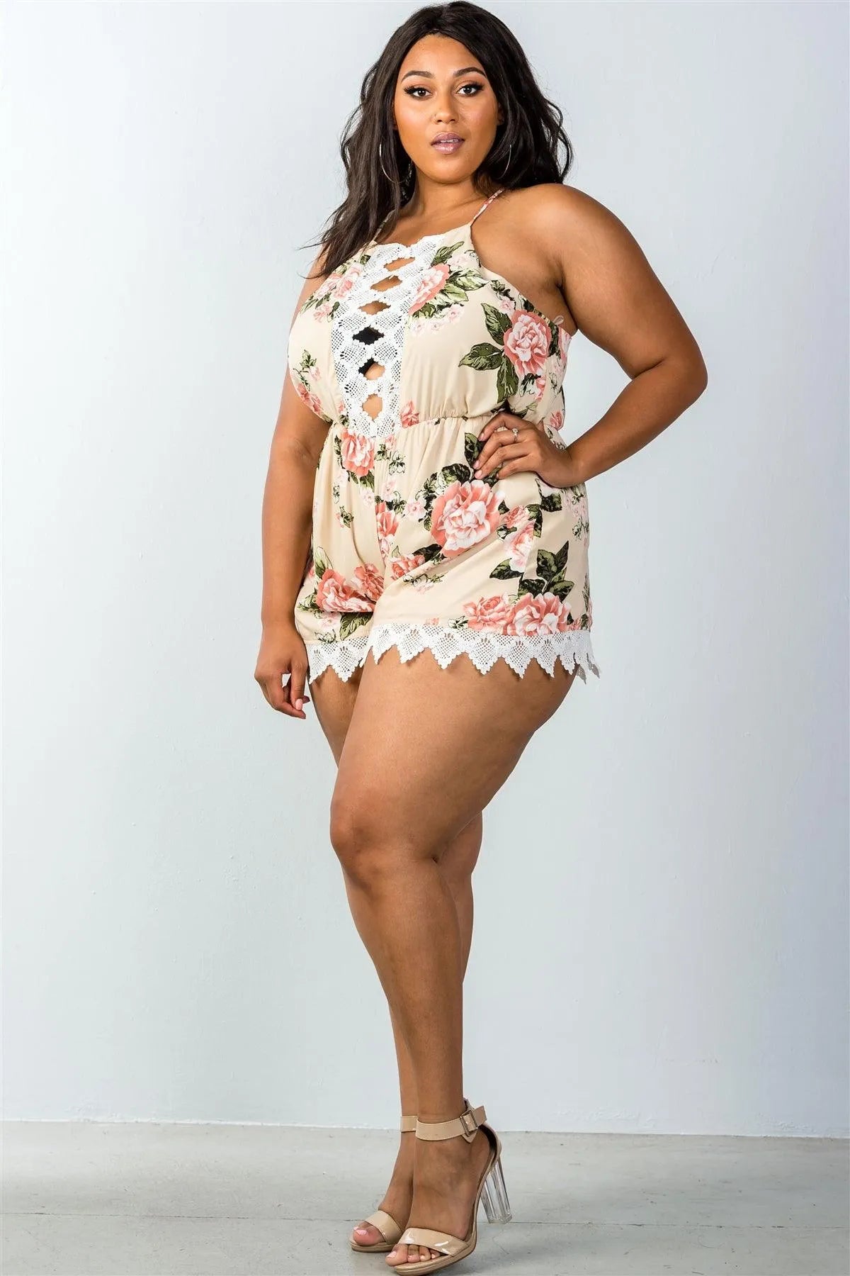 Plus Size Taupe Sleeveless Crochet Trim Romper /2-2-2 - Tasha Apparel Wholesale