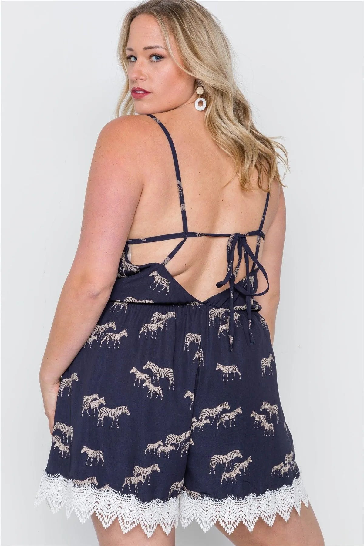 Plus Size Navy Zebra Print Boho Romper /2-3-3 - Tasha Apparel Wholesale