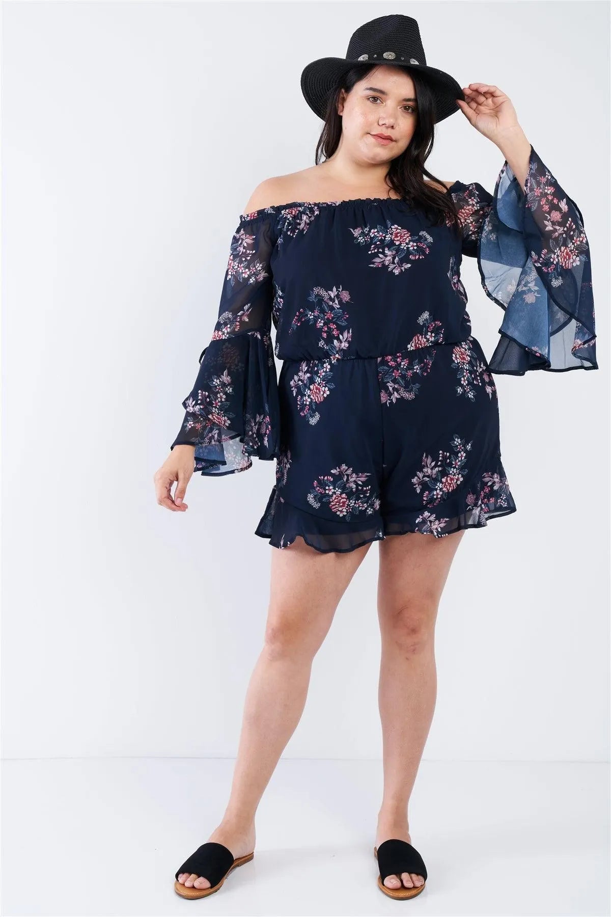 Junior Plus Size Navy Floral Off The Shoulder Bell Sleeve Romper /2-2-2 - Tasha Apparel Wholesale