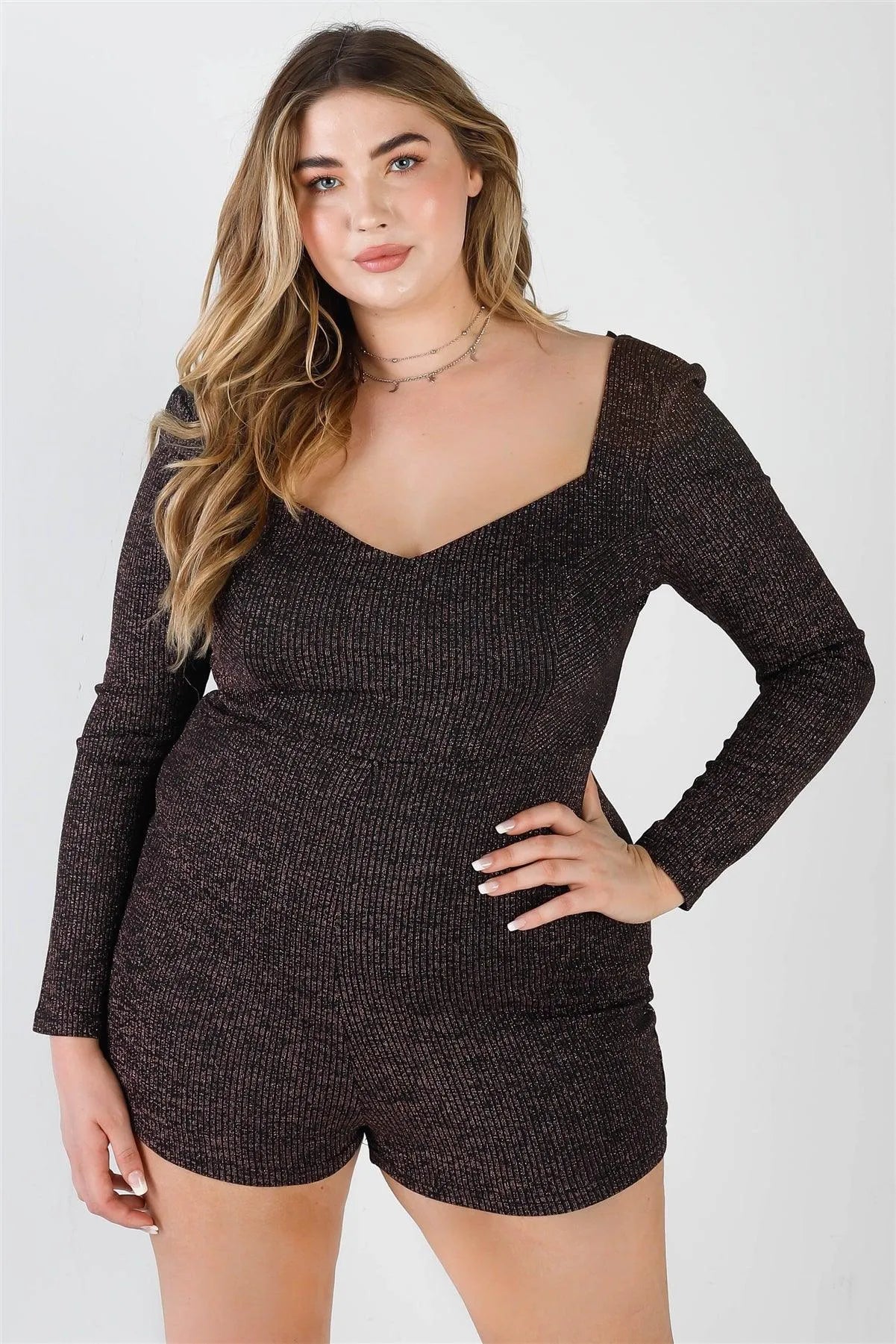 Junior Plus Mauve Lurex Ribbed Long Sleeve Romper /1-1-1 - Tasha Apparel Wholesale