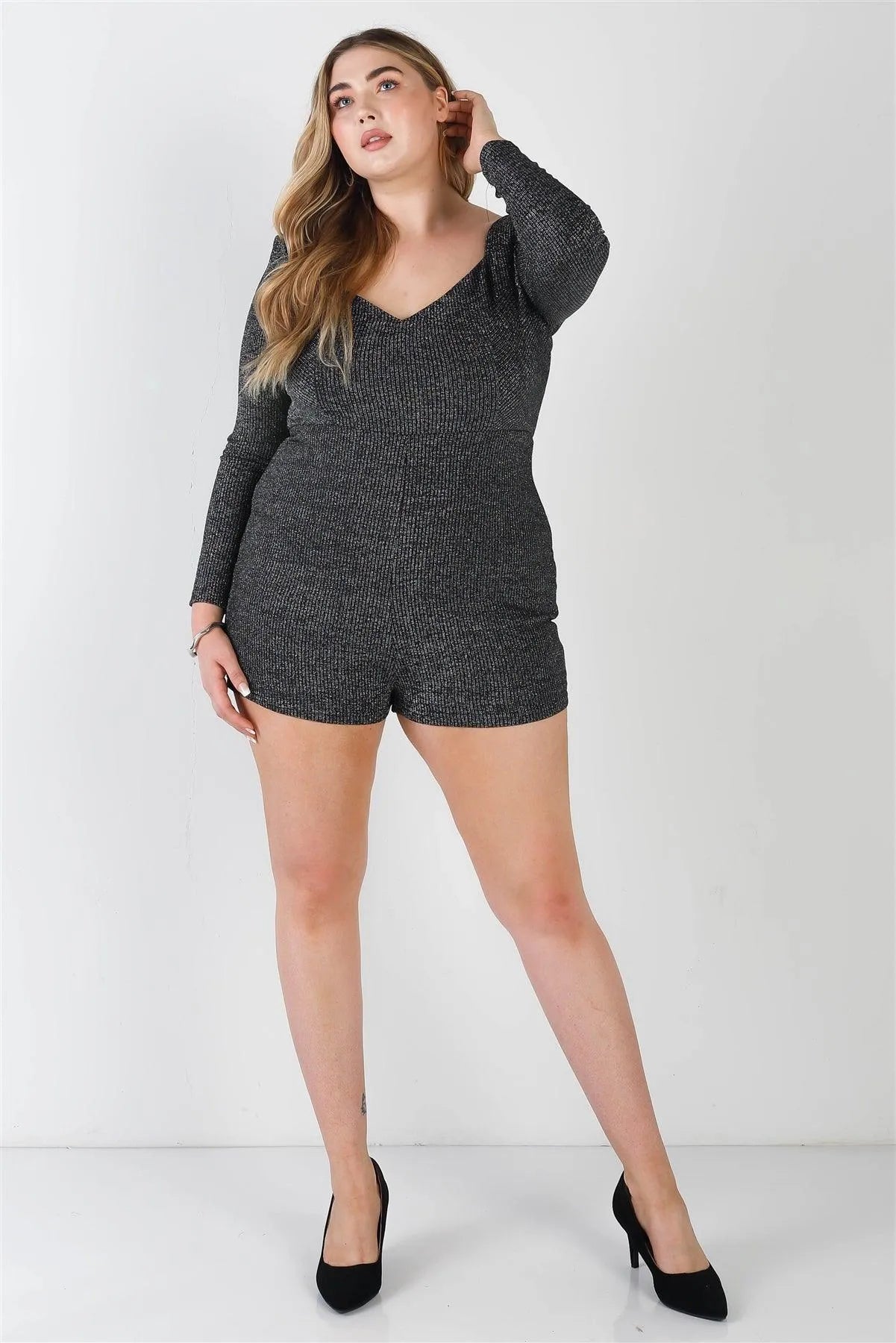 Junior Plus Silver Lurex Ribbed Long Sleeve Romper /2-2-2 - Tasha Apparel Wholesale