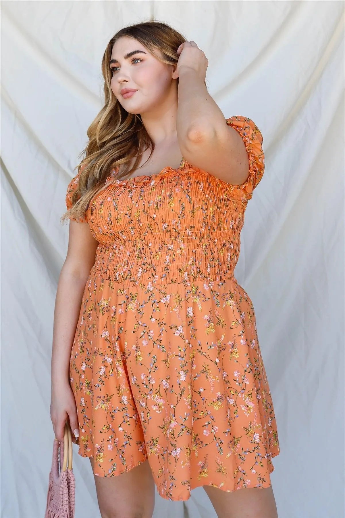 Junior Plus Apricot Floral Print Smocked Puff Short Sleeve Romper /2-2-2 - Tasha Apparel Wholesale