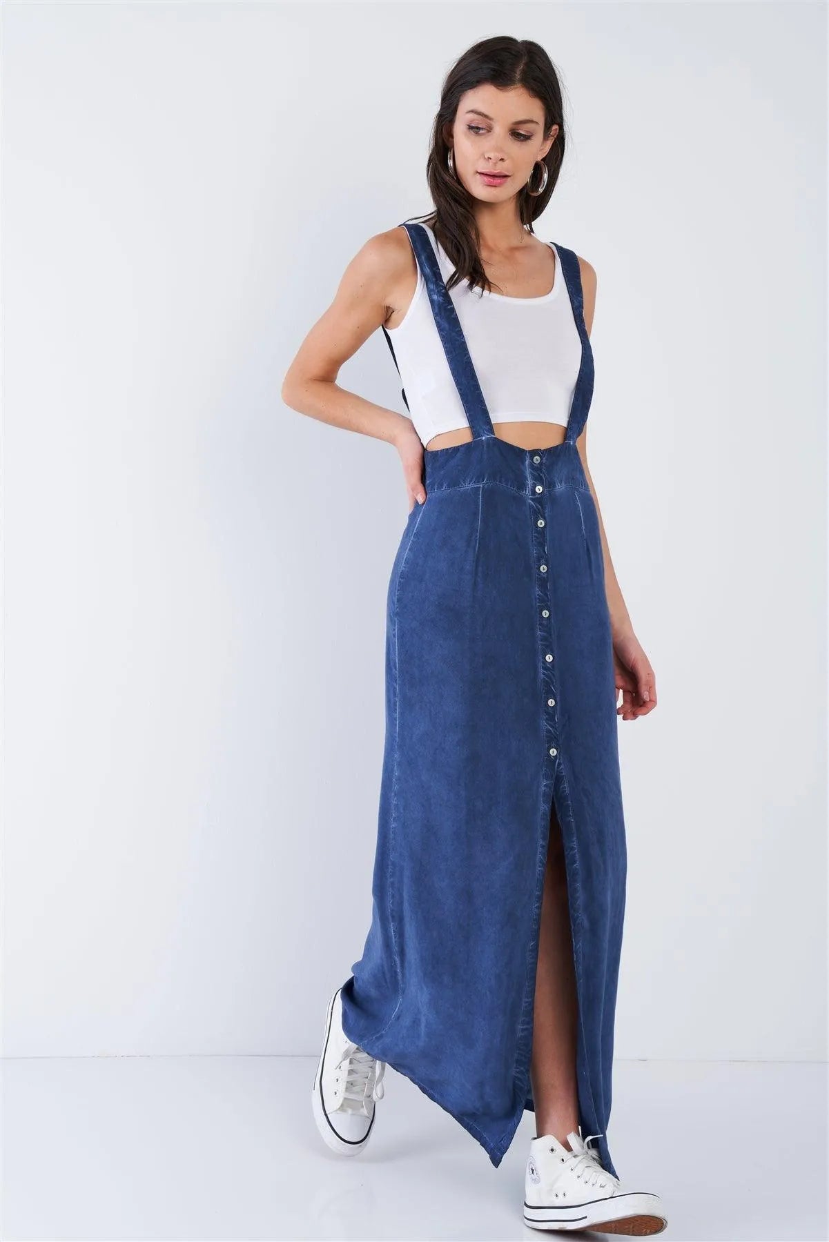 Navy Adjustable Overall Acid Washed Maxi Skirt /1-2-1 - Tasha Apparel Wholesale
