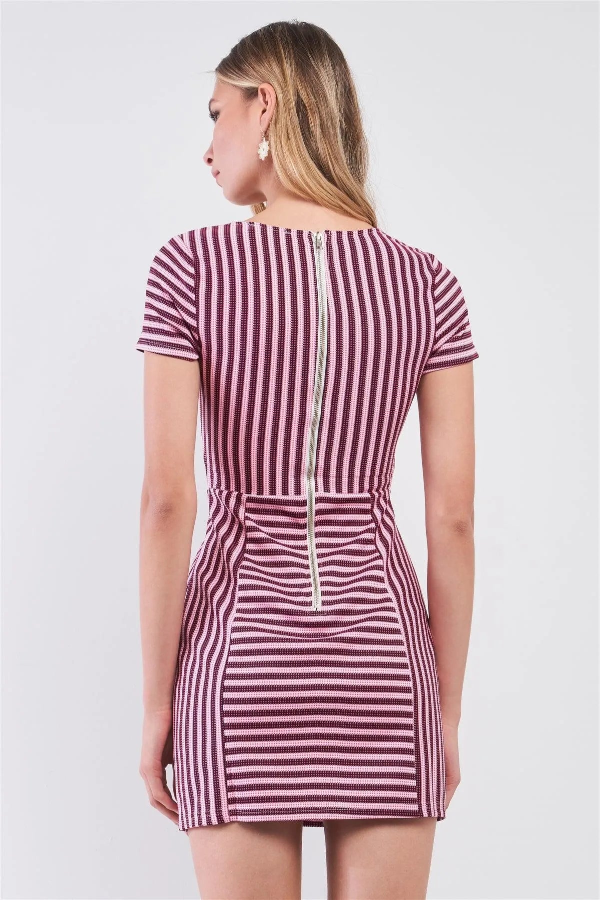Pink & Black Striped Short Sleeve Cut-Out Detail Tight Fit Mini Dress /1-2-1 - Tasha Apparel Wholesale