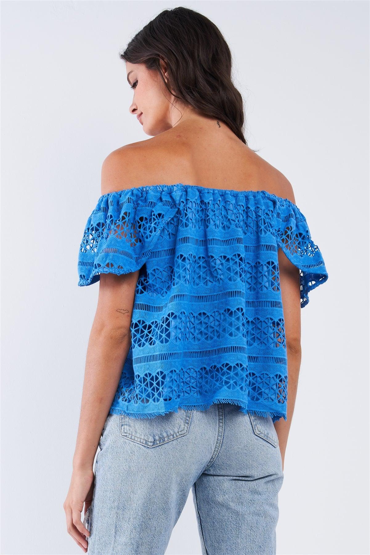 Blue Crochet Off-The-Shoulder Angel Wing Mini Sleeve Multi Pattern Lined Top