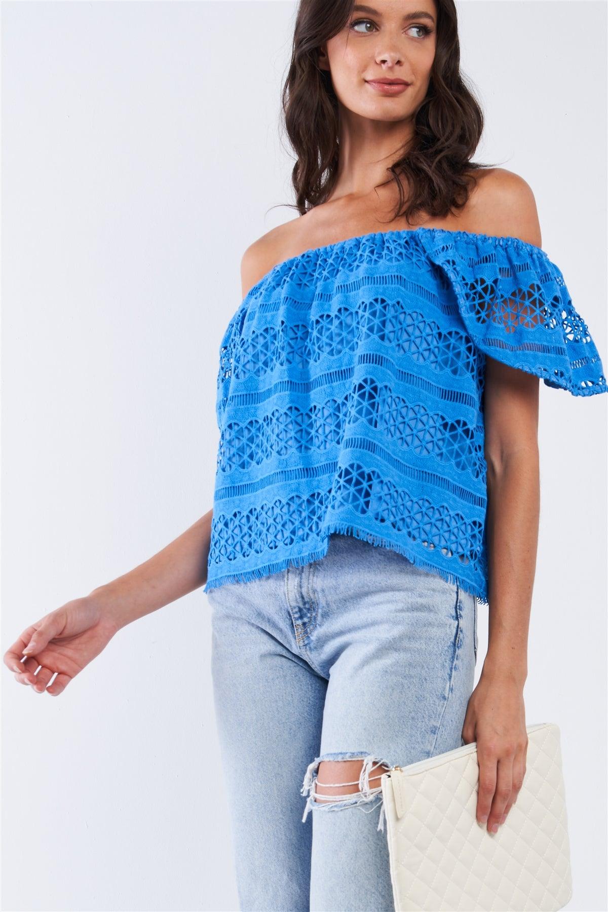 Blue Crochet Off-The-Shoulder Angel Wing Mini Sleeve Multi Pattern Lined Top
