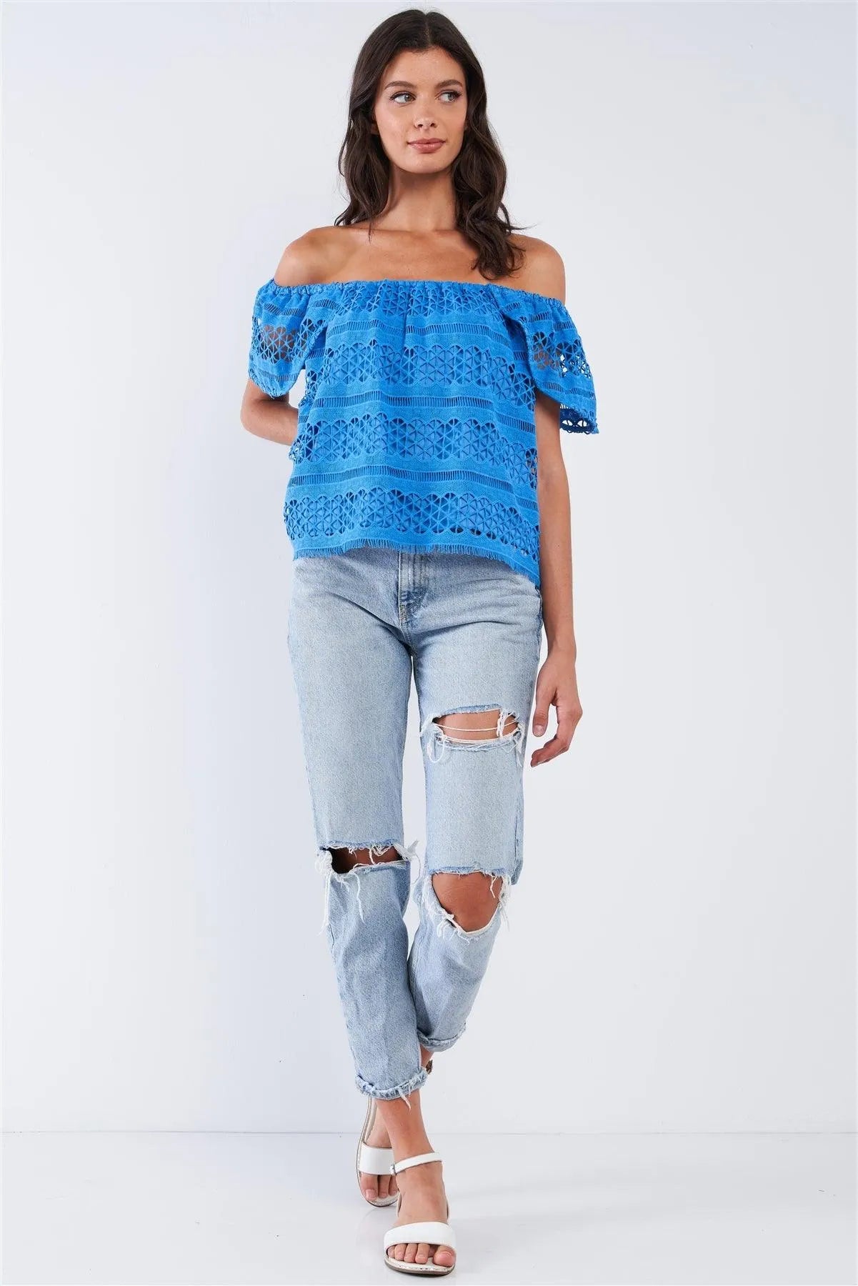 Blue Crochet Off-The-Shoulder Angel Wing Mini Sleeve Multi Pattern Lined Top - Tasha Apparel Wholesale