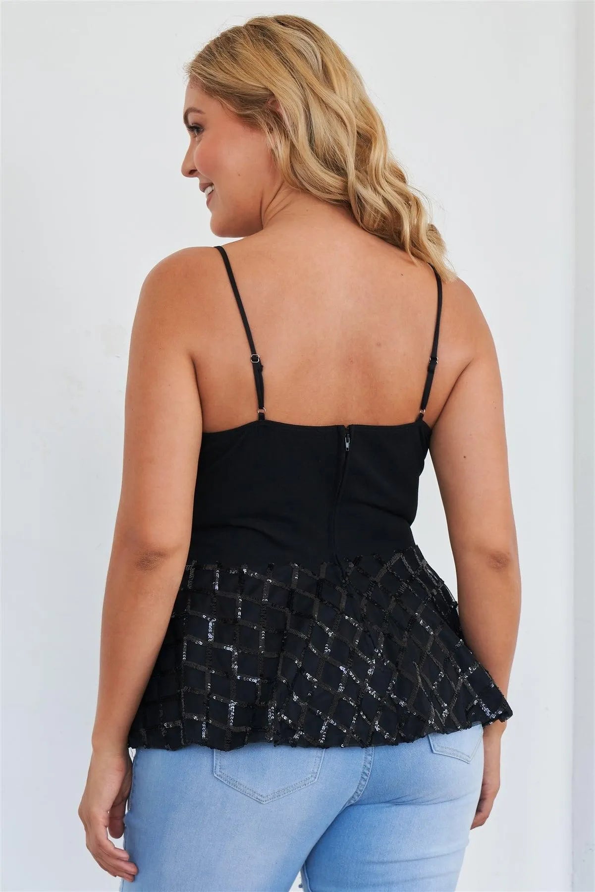 Junior Plus Size Black Sleeveless Sequin V-Neck Peplum Top /1-2-2-1 - Tasha Apparel Wholesale