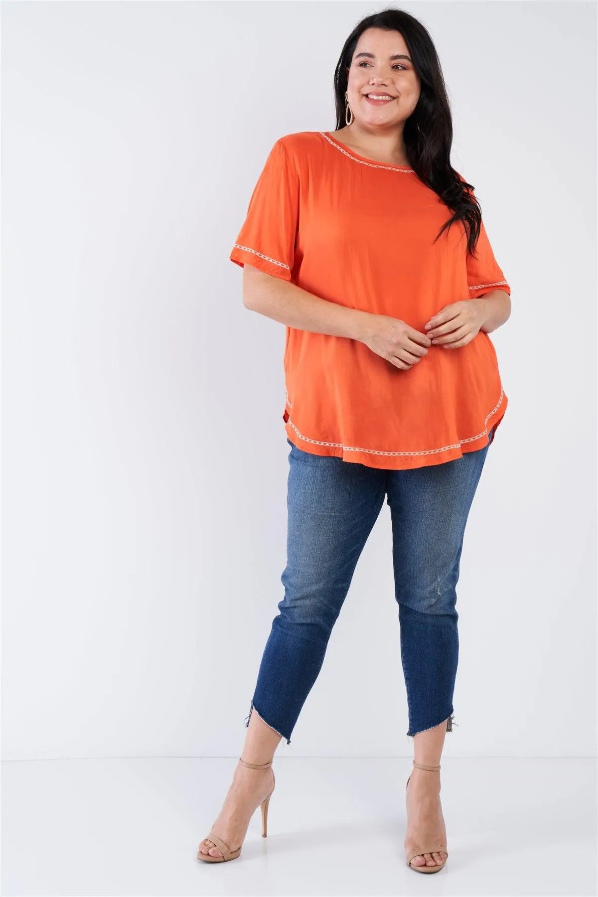 Junior Plus Size Tangerine Orange Embroidered Hem Short Sleeve Top /1-1-2 - Tasha Apparel Wholesale