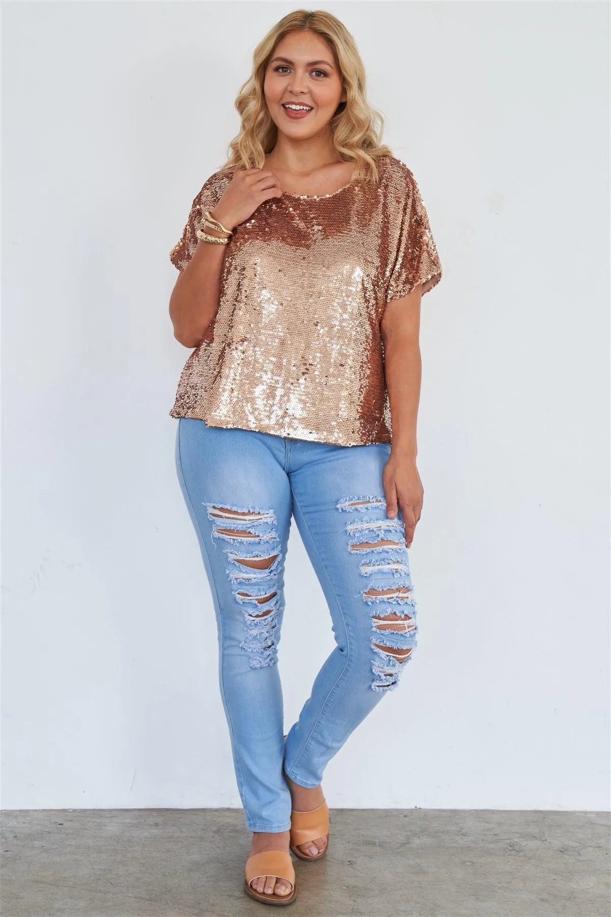 Junior Plus Size Rose Gold Short Sleeve Sequin Top /2-2-2-1 - Tasha Apparel Wholesale