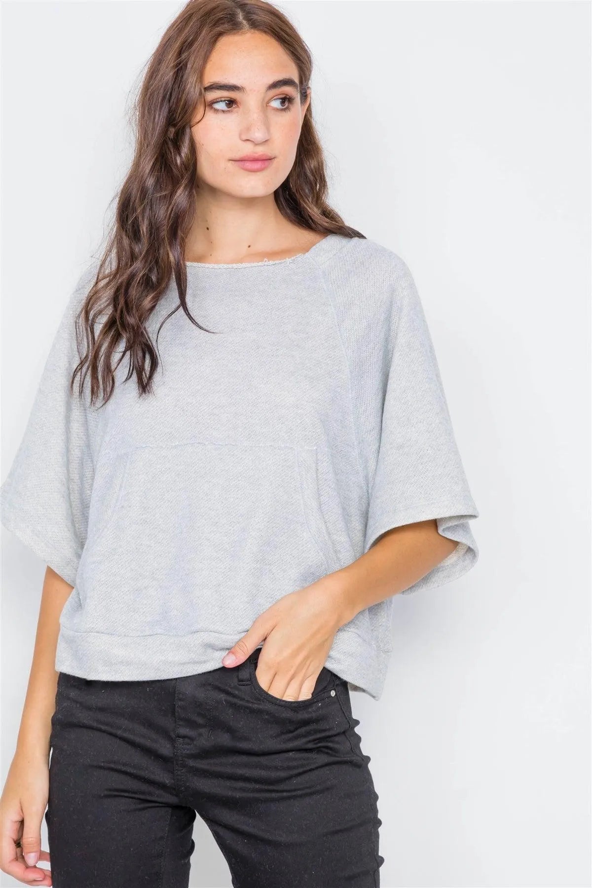Heather Grey Raw Hem Neckline Relaxed Fit Sweater /2-2 - Tasha Apparel Wholesale