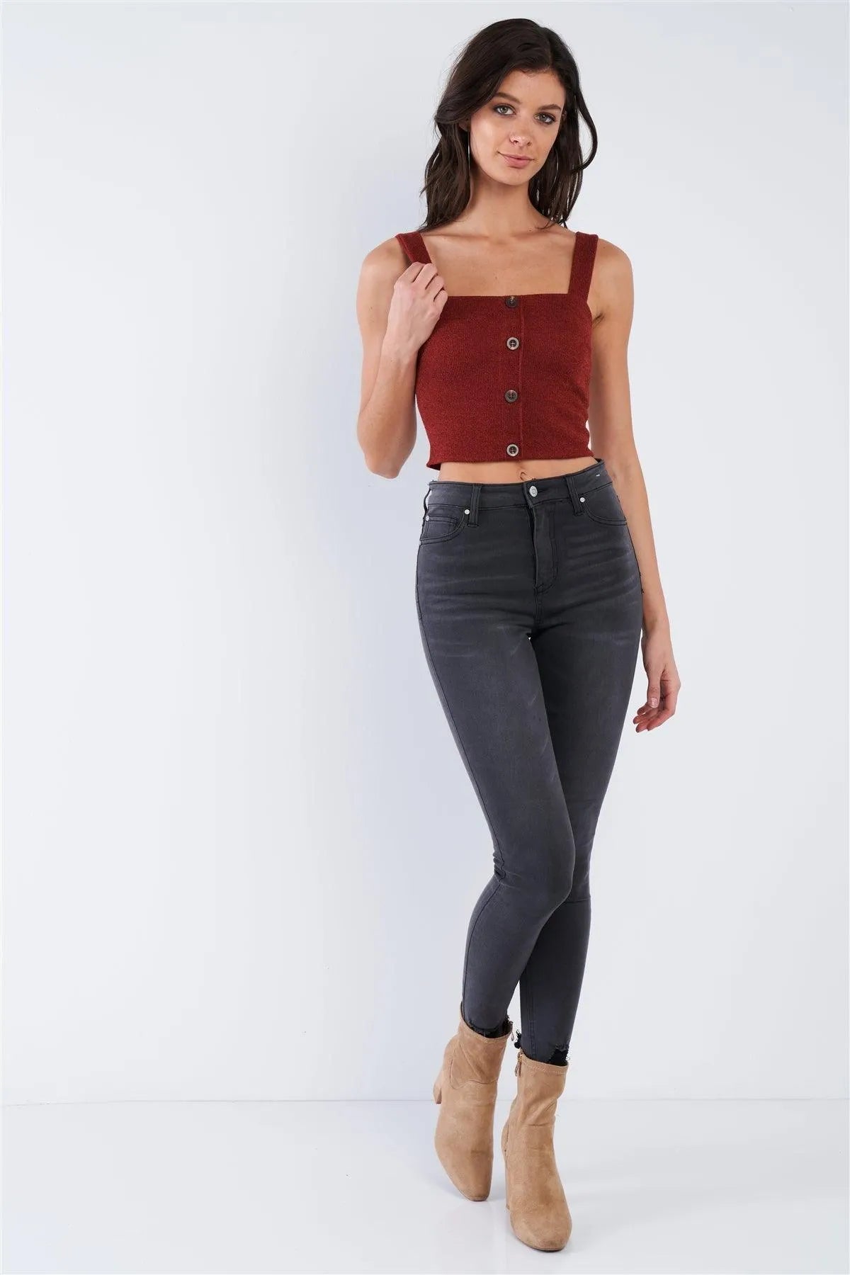 Rust Red Mock Button U-Shape Hem Crop Top /2-2-2 - Tasha Apparel Wholesale