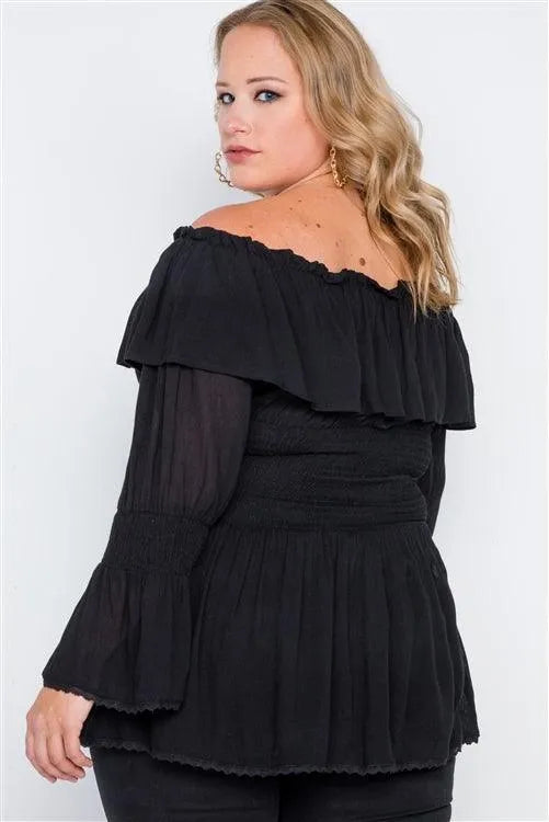 Plus Size Black Off-The-Shoulder Flounce Top /1-2-2 - Tasha Apparel Wholesale