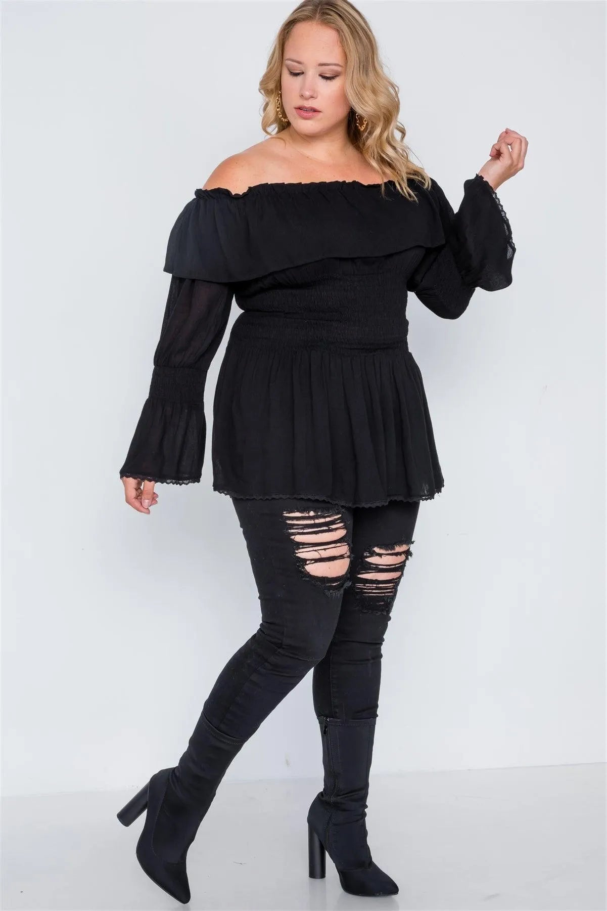 Plus Size Black Off-The-Shoulder Flounce Top /2-2-2 - Tasha Apparel Wholesale