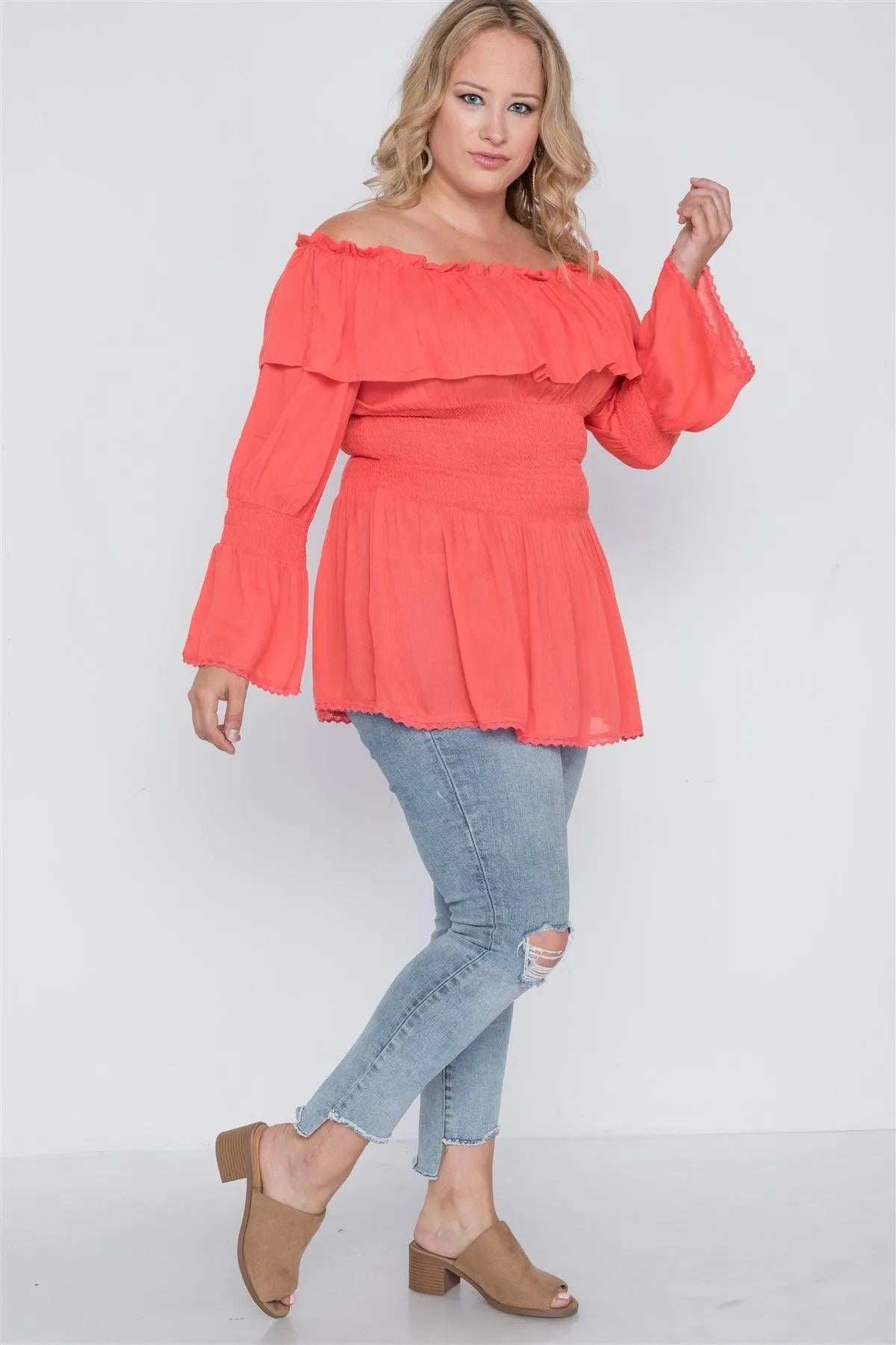 Plus Size Coral Off-The-Shoulder Flounce Top /2-2-2 - Tasha Apparel Wholesale