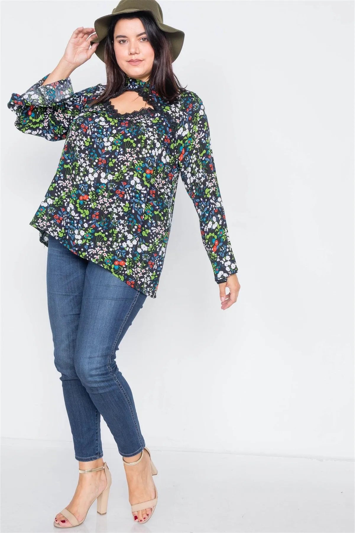 Plus Size Black Keyhole Cut Out Lace Trim Bell Sleeve Top /1-2-3 - Tasha Apparel Wholesale