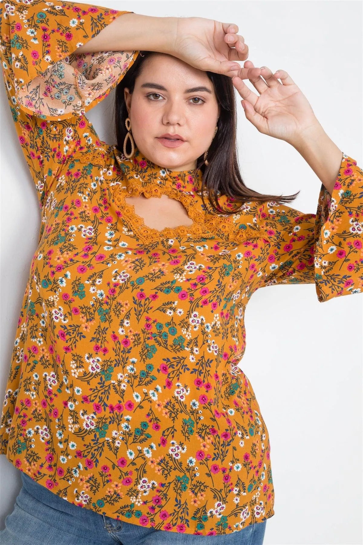 Plus Size Mustard Keyhole Cut Out Lace Trim Bell Sleeve Top - Tasha Apparel Wholesale