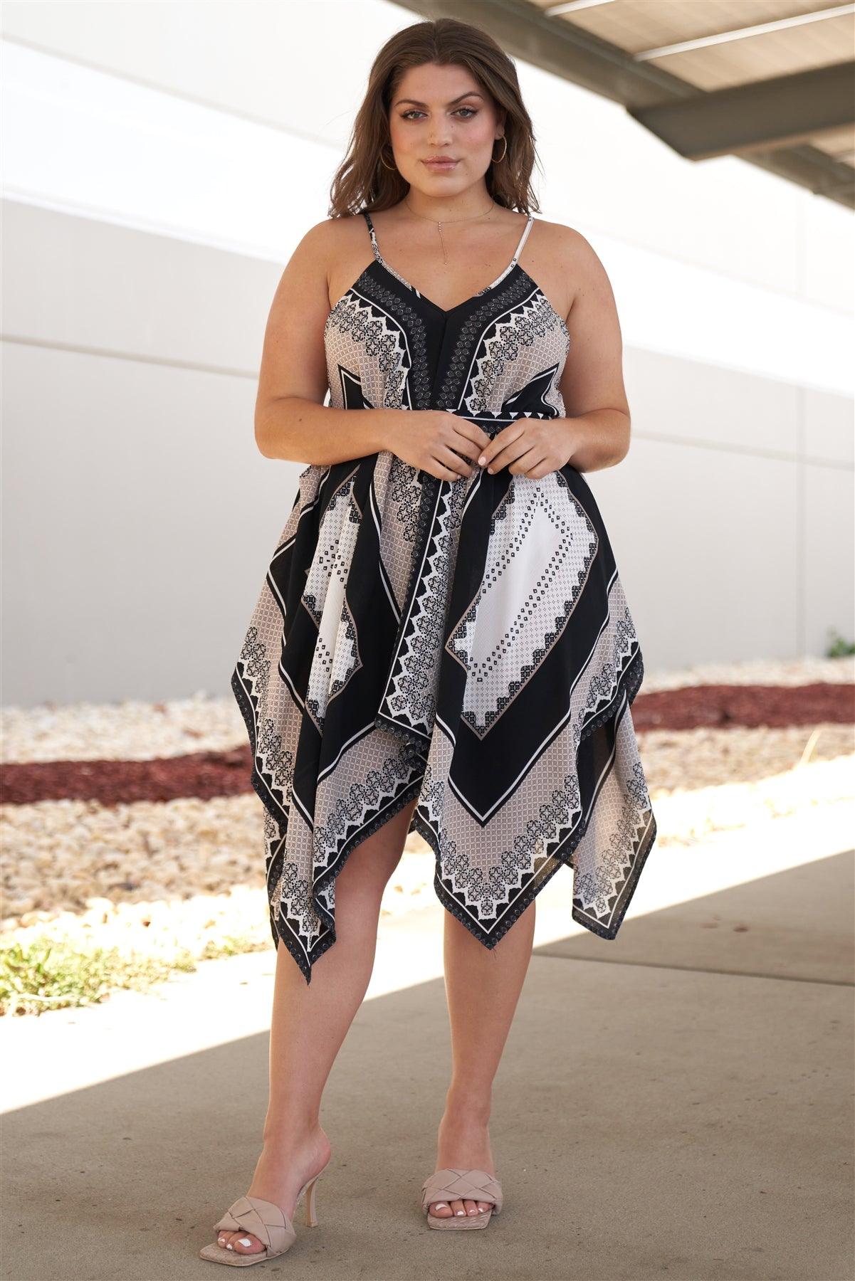 Junior Plus "Kerchief" Black & Beige Geometric Print V-Neck Sleeveless Self-Tie Belt Asymmetrical Mini Dress /2-2-2 - Tasha Apparel Wholesale