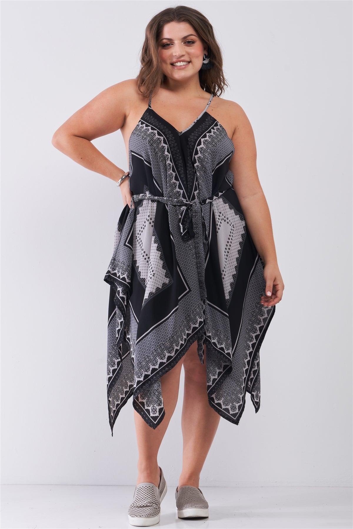Junior Plus "Kerchief" Black & Grey Geometric Print V-Neck Sleeveless Self-Tie Belt Asymmetrical Mini Dress /3-2-1 - Tasha Apparel Wholesale