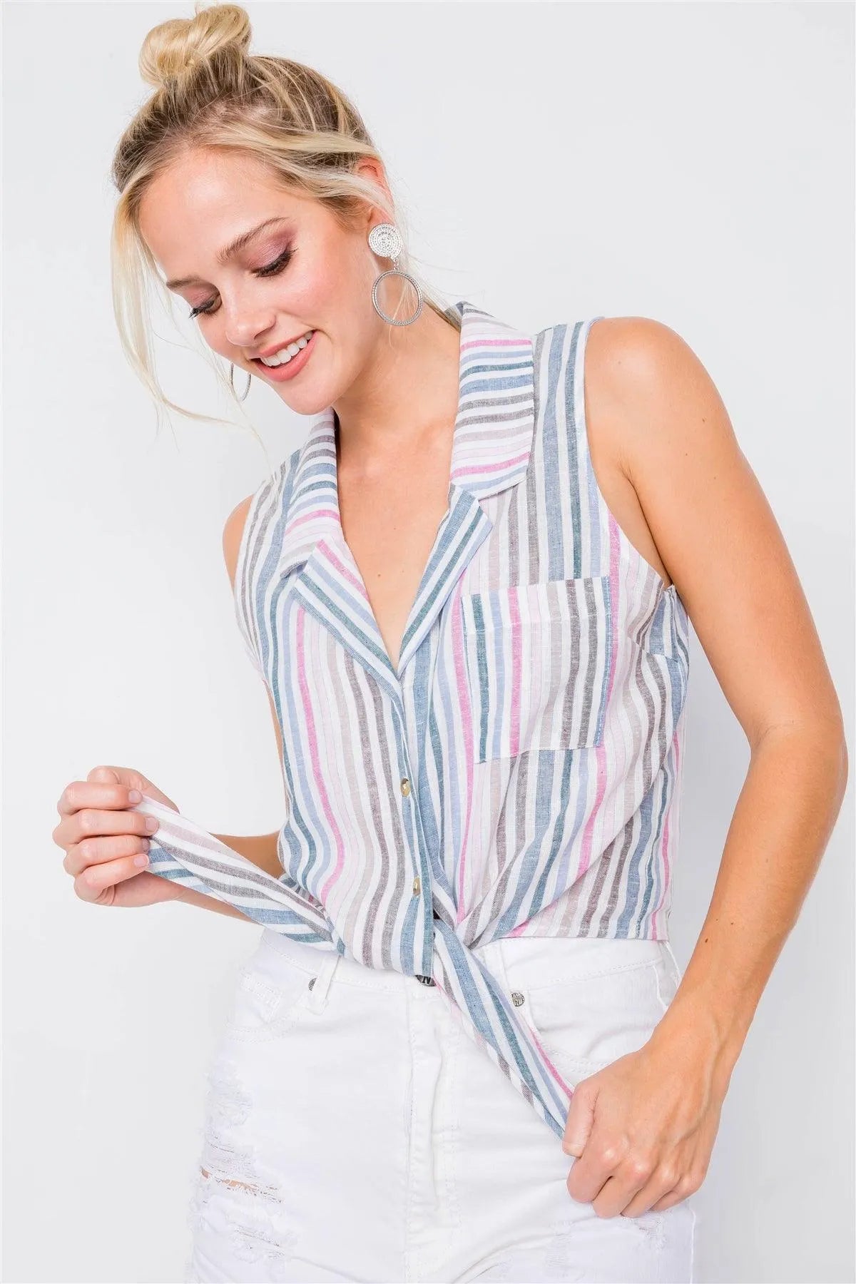 Washed Pink & Blue Front Knot V-Neck lapel Collar Cotton Top /3-2-1 - Tasha Apparel Wholesale